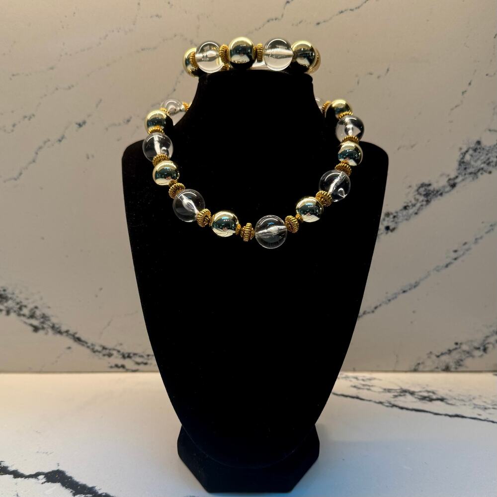 Chunky Clear & Gold Tone Acrylic Beaded Necklace Bracelet Set